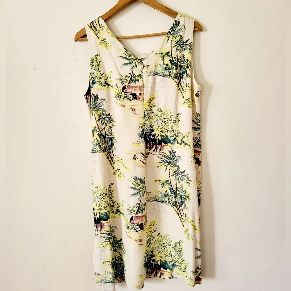 Tiki Classics 100% Silk Summer Dress Beige Palm Tree and Canoe Print Size L - Picture 2 of 8